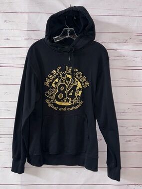 MARC JACOBS Graphics Print 84 Pullover Hoodie Black Gold Metallic Size S